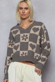 POL V-Neck Heart Pattern Checkered Sweater | Daverri Fashions