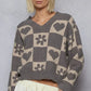 POL V-Neck Heart Pattern Checkered Sweater - DAVERRI FASHIONS