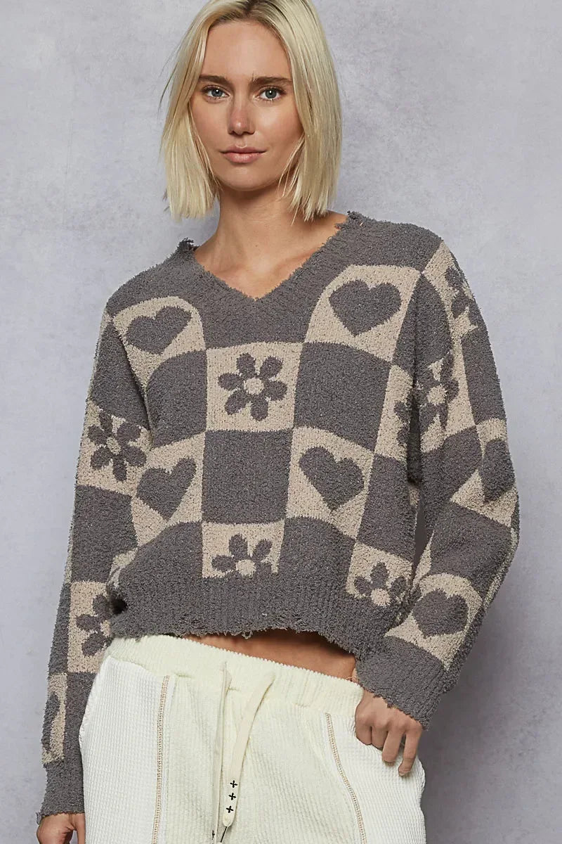 POL V-Neck Heart Pattern Checkered Sweater - DAVERRI FASHIONS