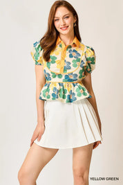 YELLOW GREEN Umgee Floral Print Puff Sleeve Cropped Blouse | Daverri Fashions
