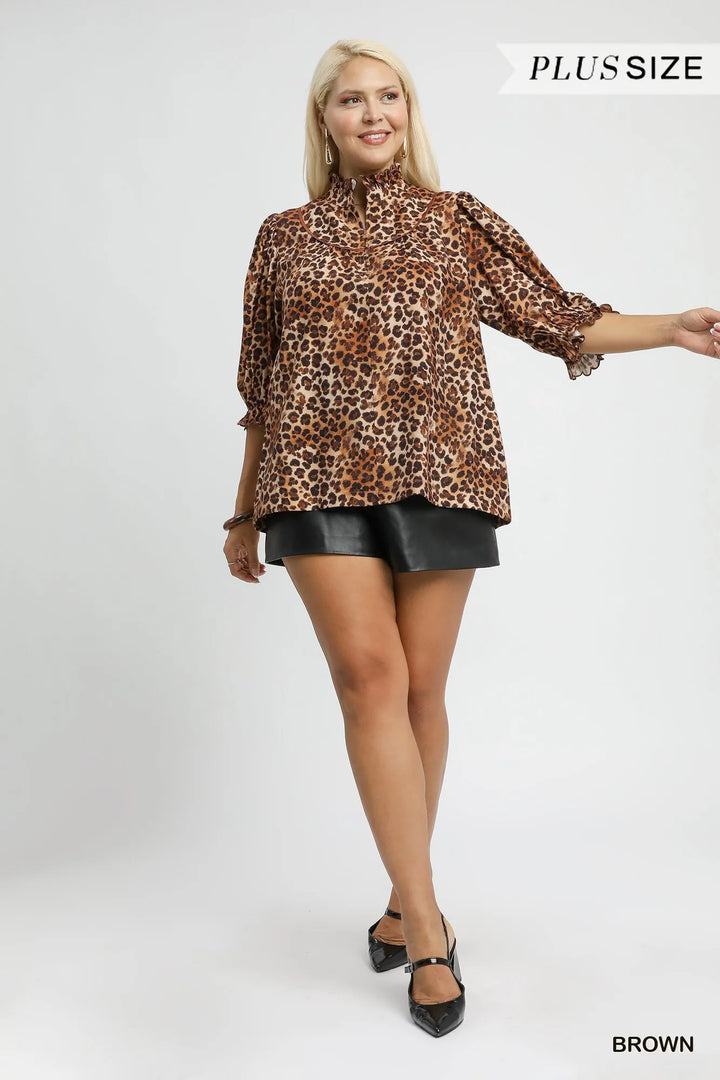 Umgee Full Size Leopard Print Ruffle Neck Blouse Plus Size Blouses