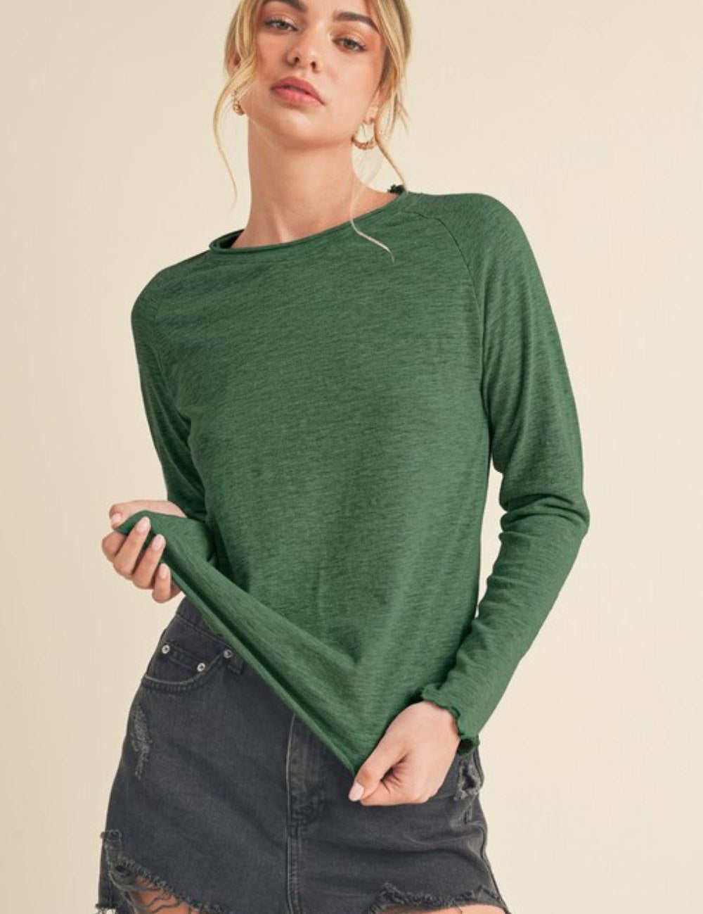Dark Green Aemi + Co Lettuce Hemline Round Neck Raglan Sleeve T-Shirt | T-Shirts Daverri Fashions