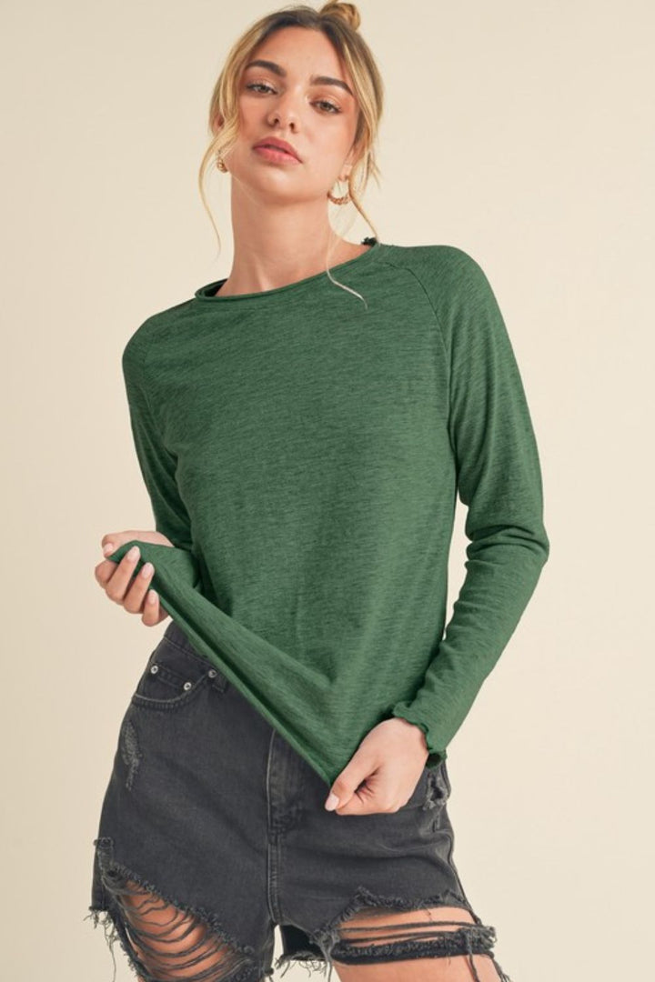 Aemi + Co Lettuce Hemline Round Neck Raglan Sleeve T-Shirt Dark Green T-Shirts