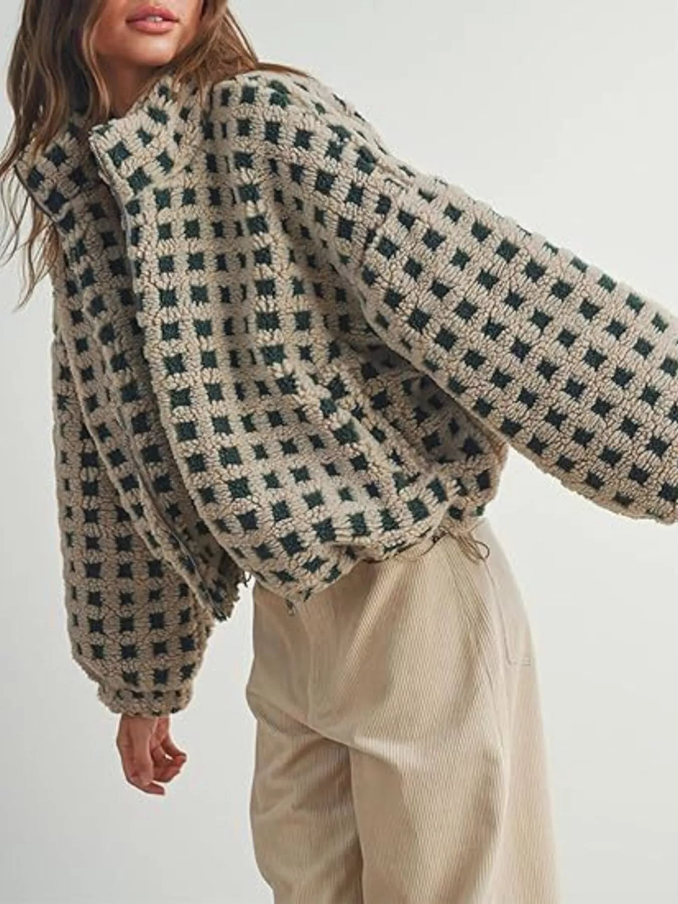 Daverri Plaid Zip Up Sherpa Jacket in cozy beige and dark green checkered fleece