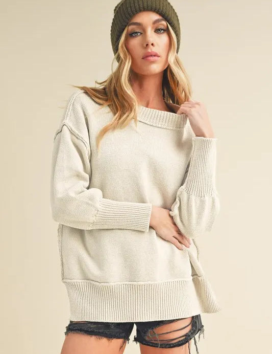 Aemi+Co Ribbed Hem Side Slit Round Neck Sweater | Sweaters Daverri Fashions