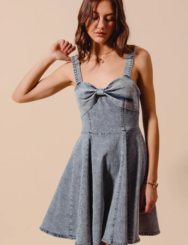 SO ME Mineral Washed Bow Ribbon Denim Flare Dress | Mini Dresses Daverri Fashions