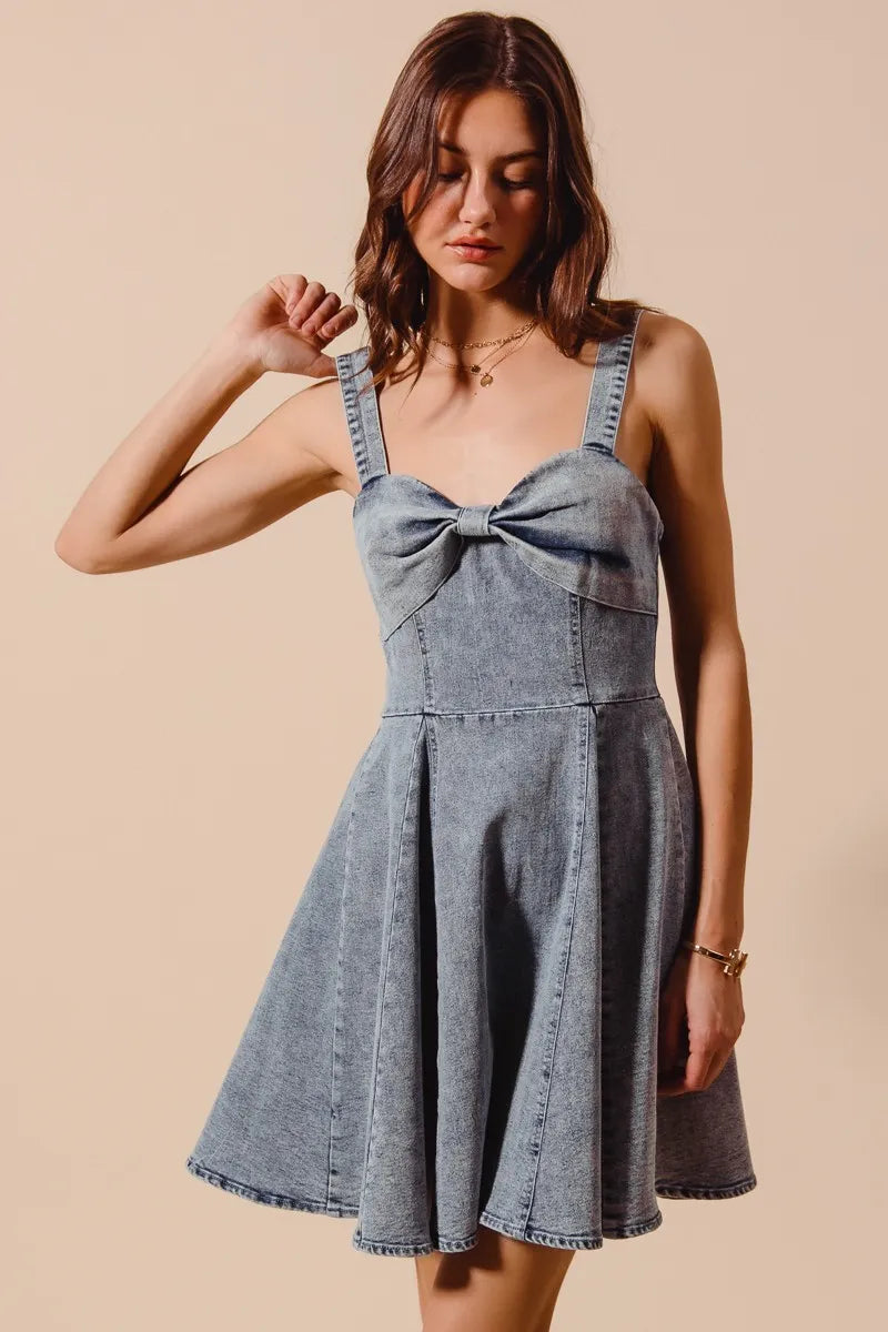 SO ME Mineral Washed Bow Ribbon Denim Flare Dress Mini Dresses