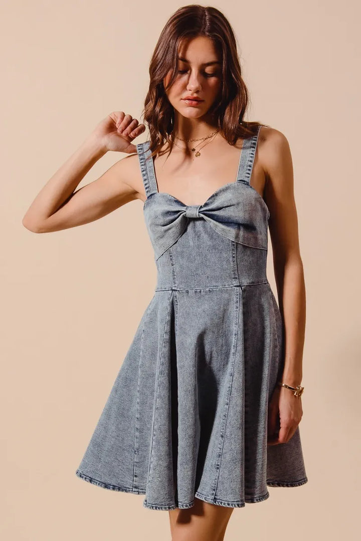 SO ME Mineral Washed Bow Ribbon Denim Flare Dress Mini Dresses