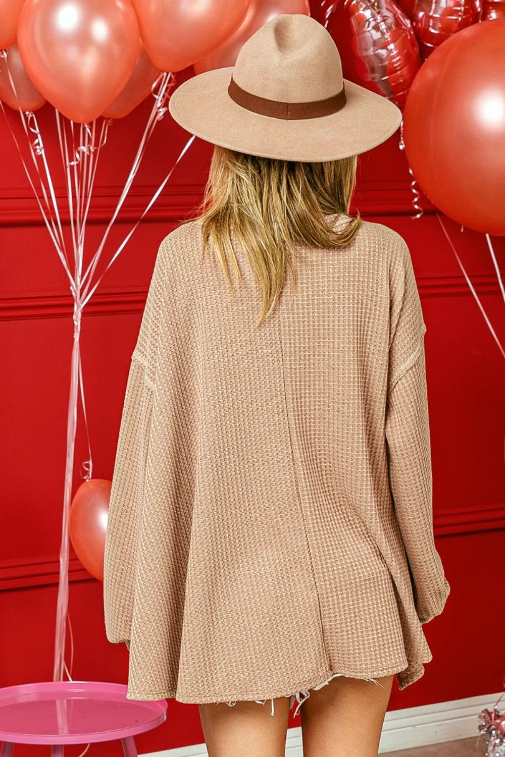 Beige BiBi V-Neck Waffle Uneven Hem Oversized Sweater
