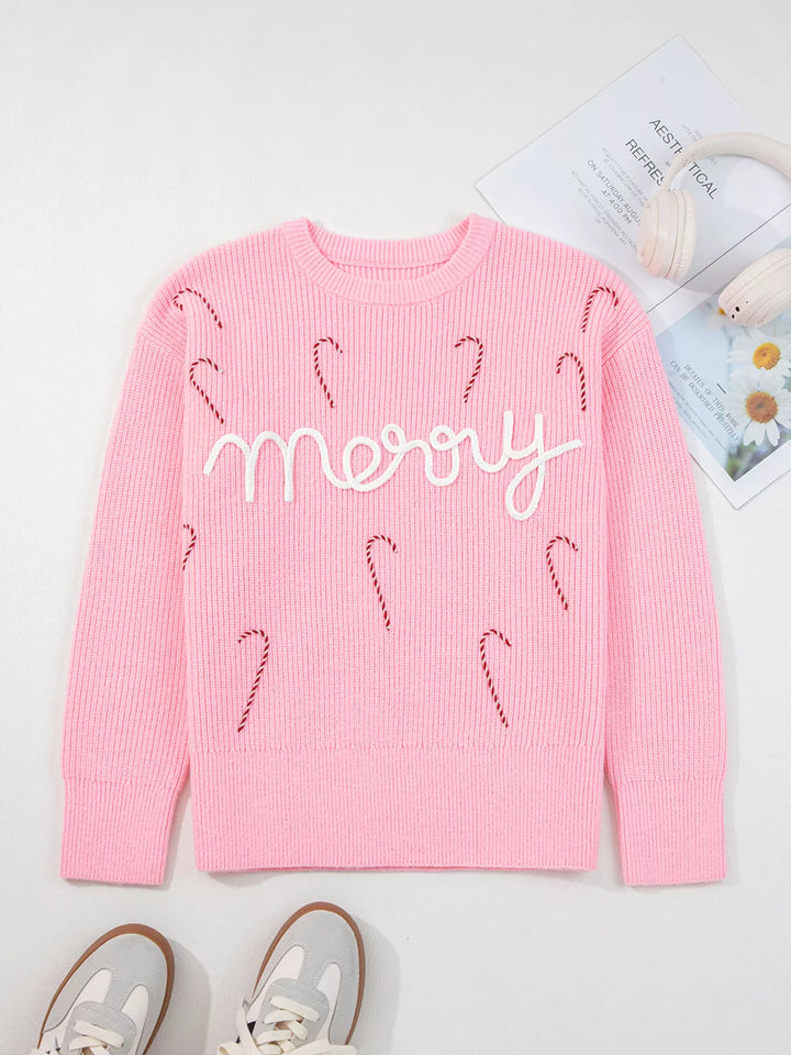 Merry Candy Cane Christmas Crew Neck Sweater | Sweaters Daverri Fashions