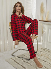 Plaid Collared Neck Long Sleeve Top and Pants Lounge Set | Loungewear Sets Daverri Fashions