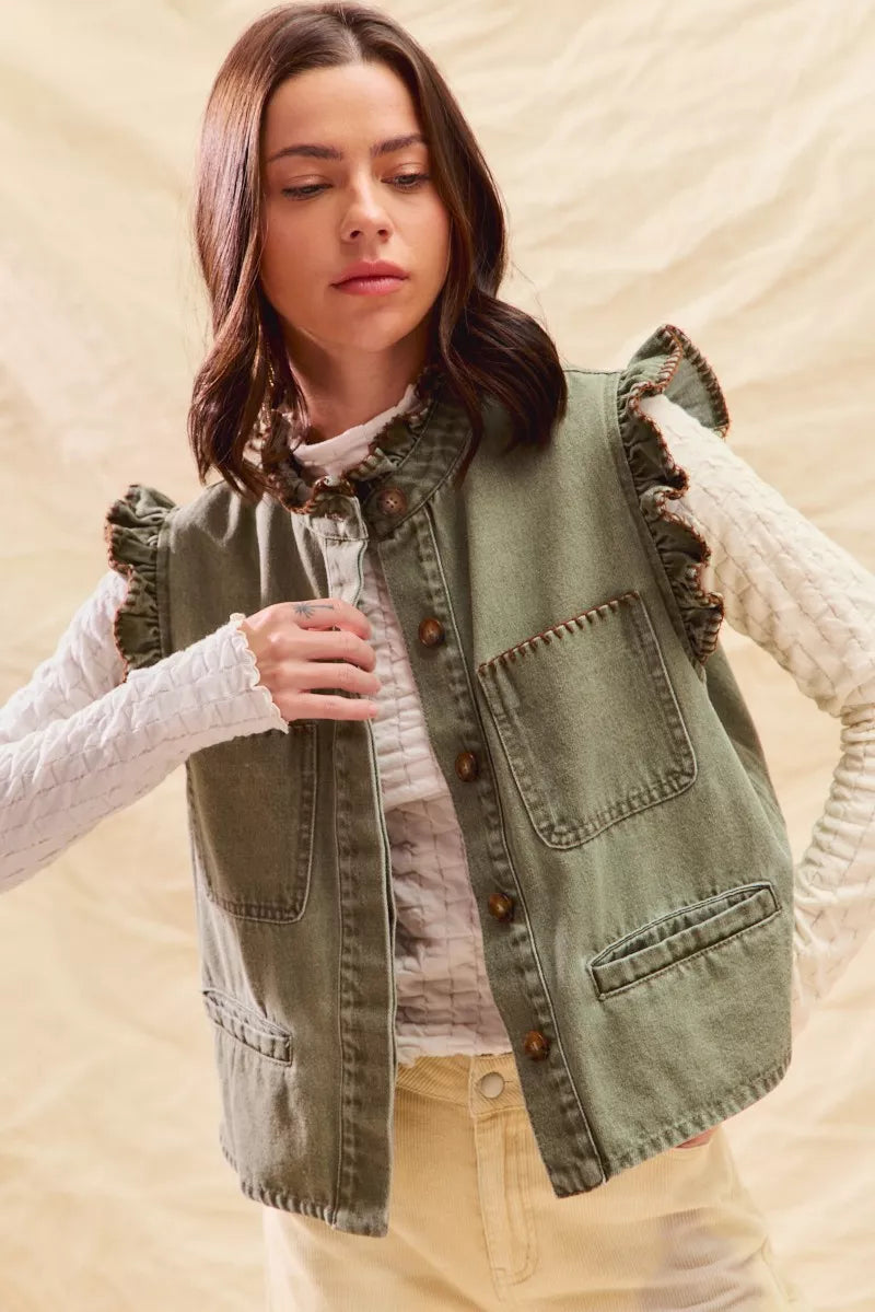 SO ME Washed Denim Stitch Ruffled Hidden Button Vest Top | Daverri Fashions