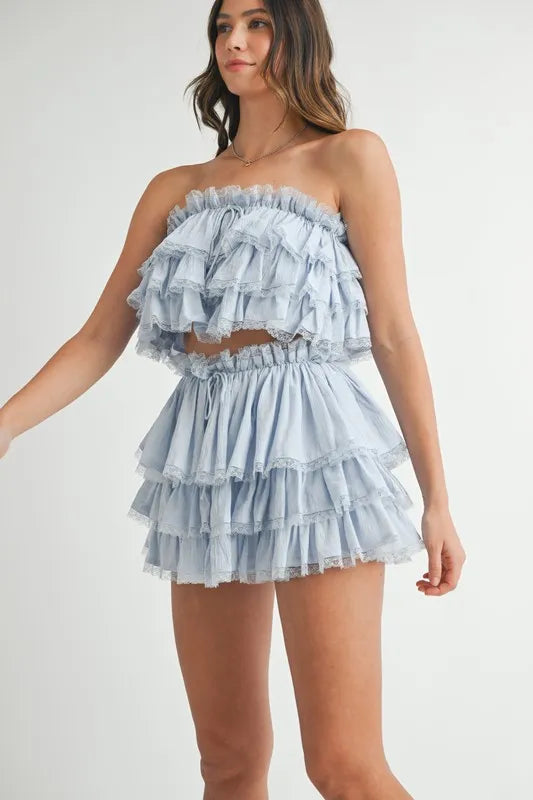 MABLE Ruffle Layered Crop Top and Mini Skirt Set Outfit Sets