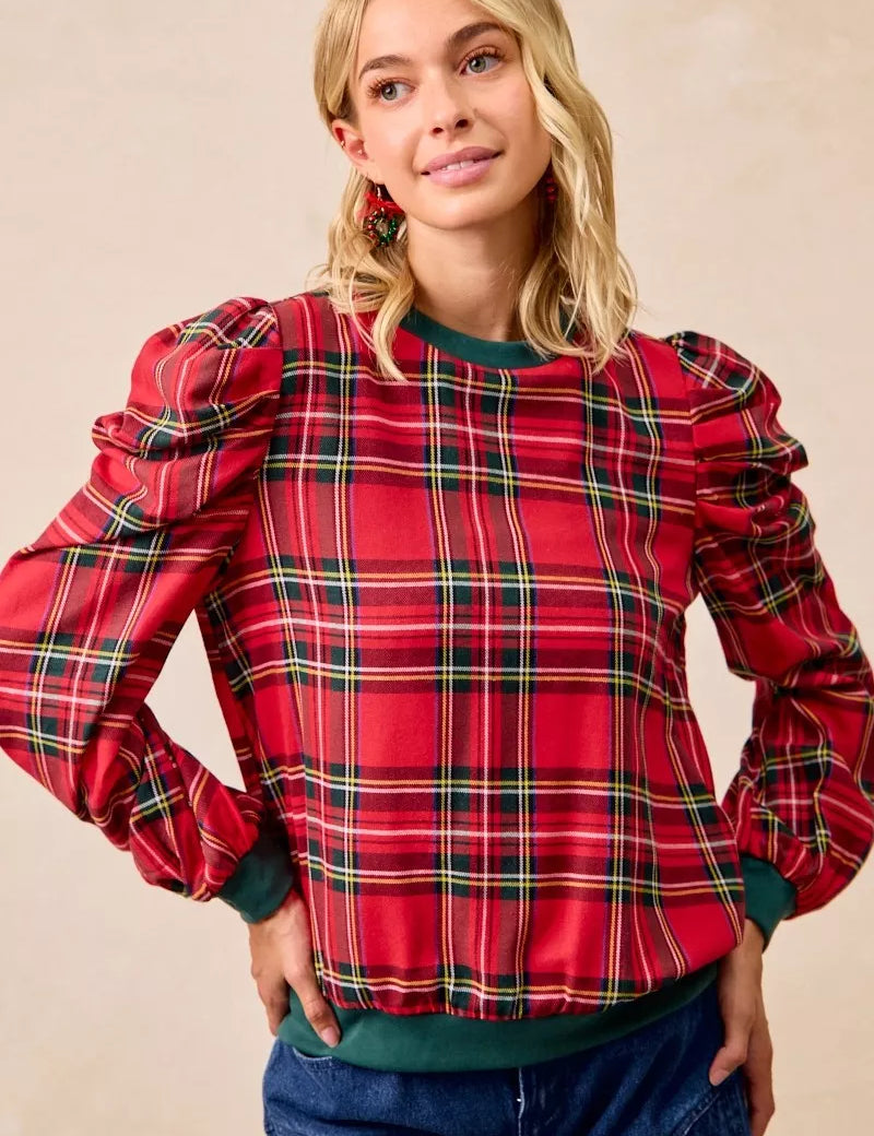 BiBi Christmas Plaid Exaggerated Shoulder Sleeves Top | Tops Daverri Fashions