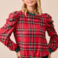 BiBi Christmas Plaid Exaggerated Shoulder Sleeves Top - DAVERRI FASHIONS