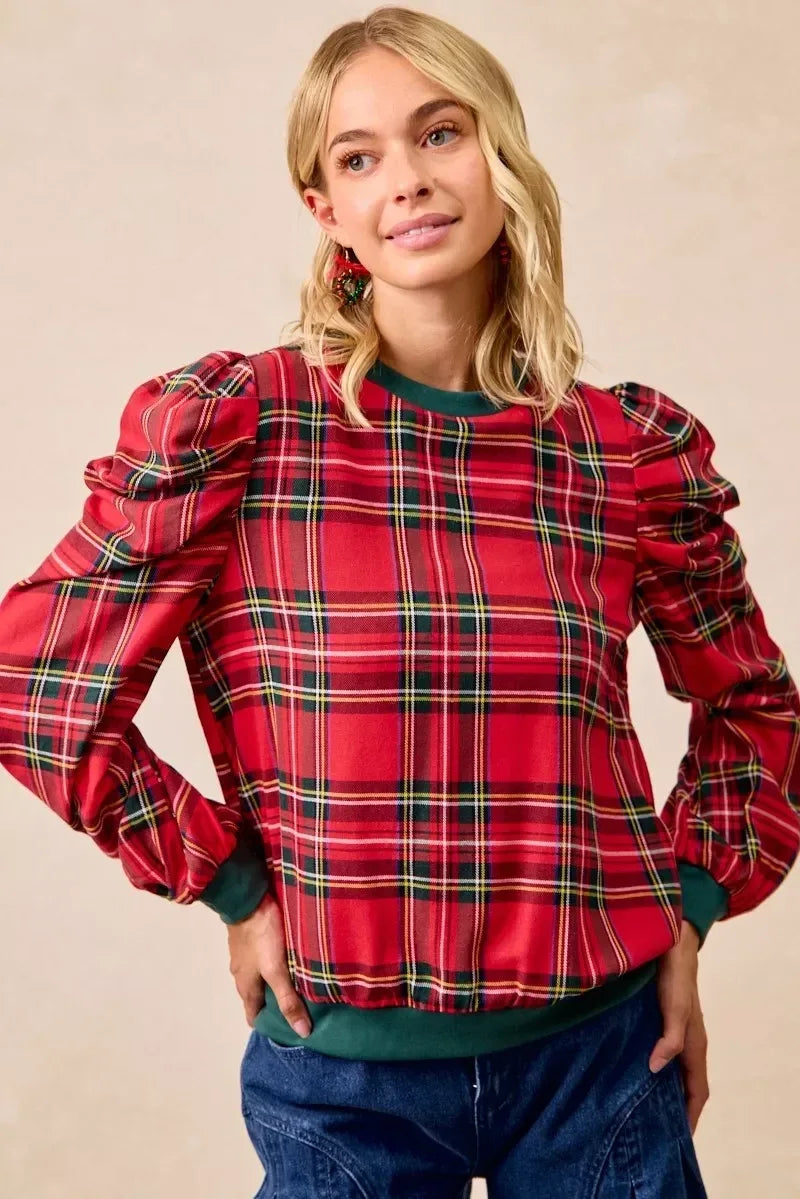 BiBi Christmas Plaid Exaggerated Shoulder Sleeves Top - DAVERRI FASHIONS