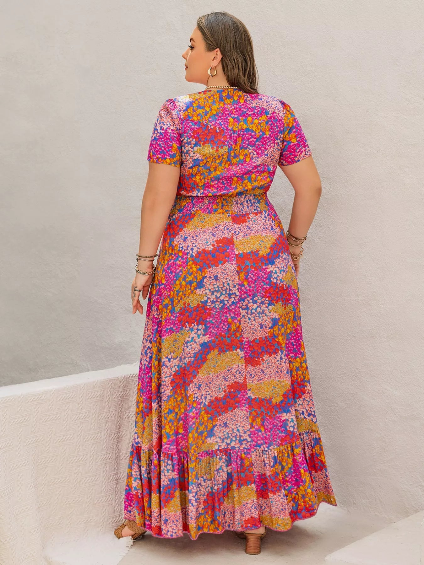 Plus Size Printed V-Neck Short Sleeve Maxi Dress | Maxi Dresses Daverri Fashions