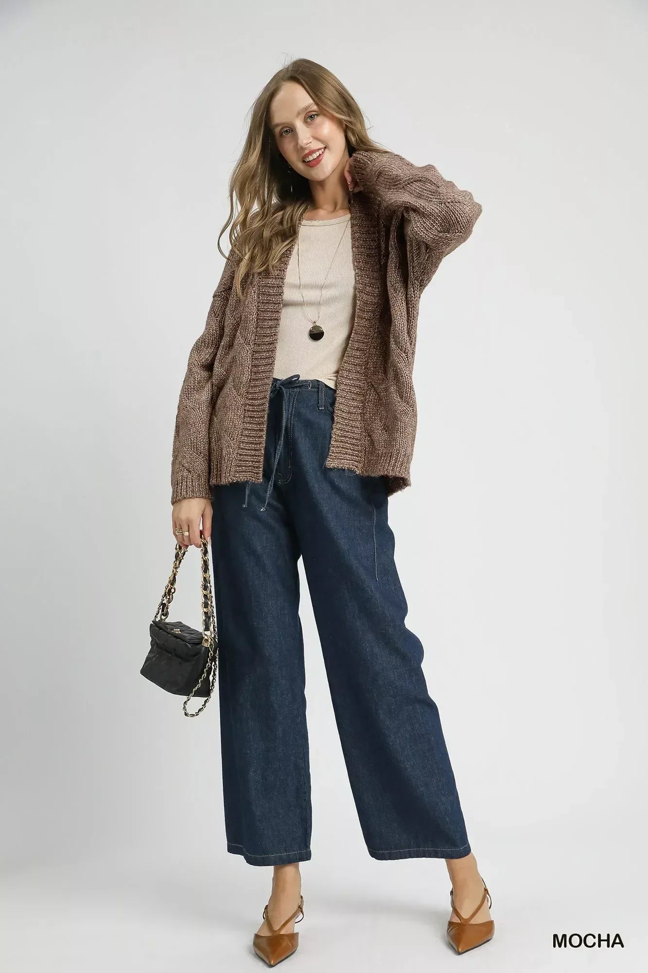 Umgee Chunky Cable Knit Open Front Cardigan - DAVERRI FASHIONS