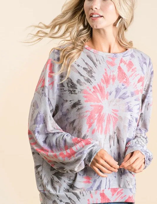 GREY MULTI BiBi Tie Dye Print Terry Pull Over | Tops Daverri Fashions