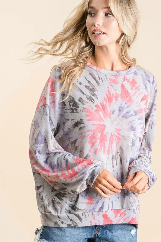 GREY MULTI BiBi Tie Dye Print Terry Pull Over | Tops Daverri Fashions