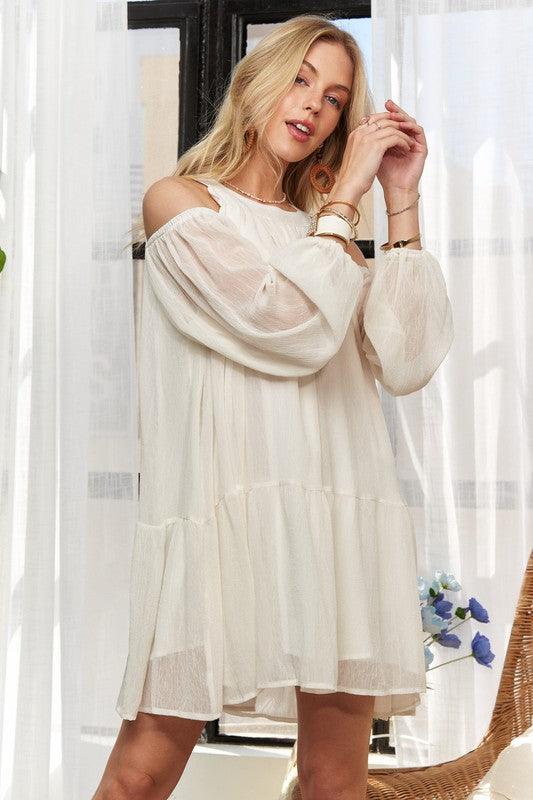 ADORA Cold Shoulder Balloon Sleeve Mini Dress Mini Dresses