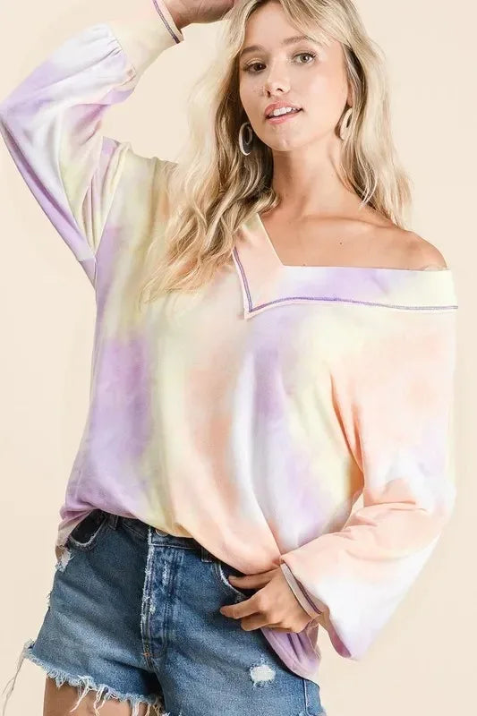 BiBi Tie Dye French Terry V-Neck Top with Puff Sleeves - DAVERRI FASHIONS