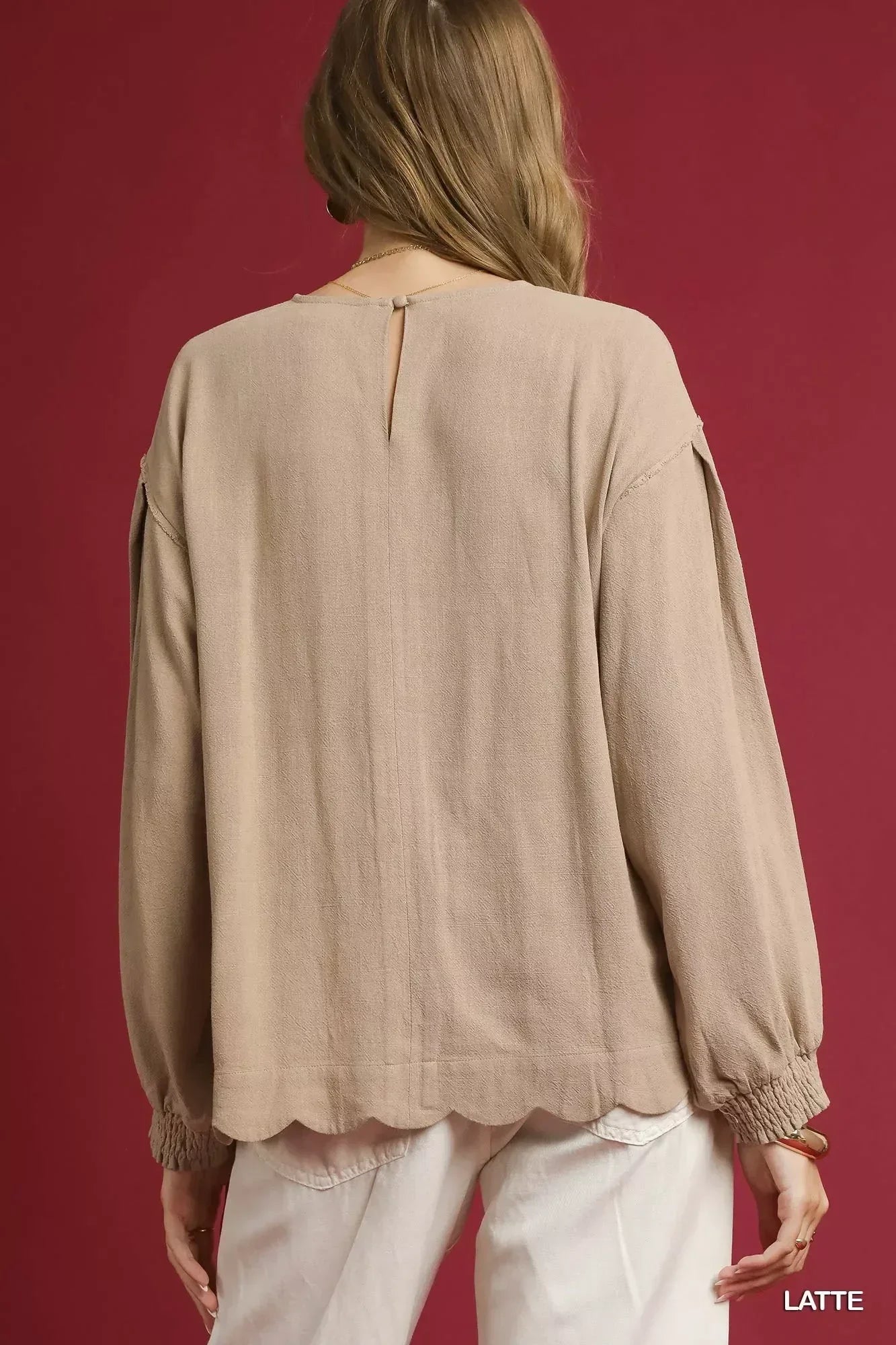 Umgee Linen Scallop Hem Long Sleeve Blouse - DAVERRI FASHIONS