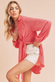 Aemi + Co Tied Collared Neck Long Sleeve Top | Tops Daverri Fashions