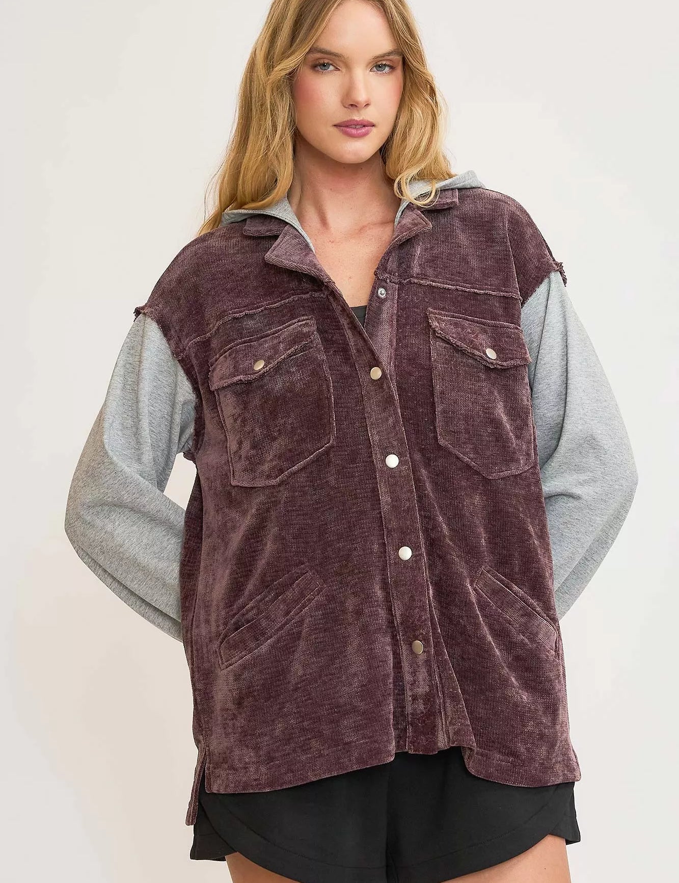 PLUM Umgee Contrast Hooded Chenille Jacket Plum | Jackets Daverri Fashions