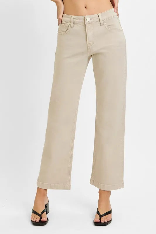 RISEN Full Size Tummy Control Mid Rise Ankle Straight Jeans Plus Size ALMOND