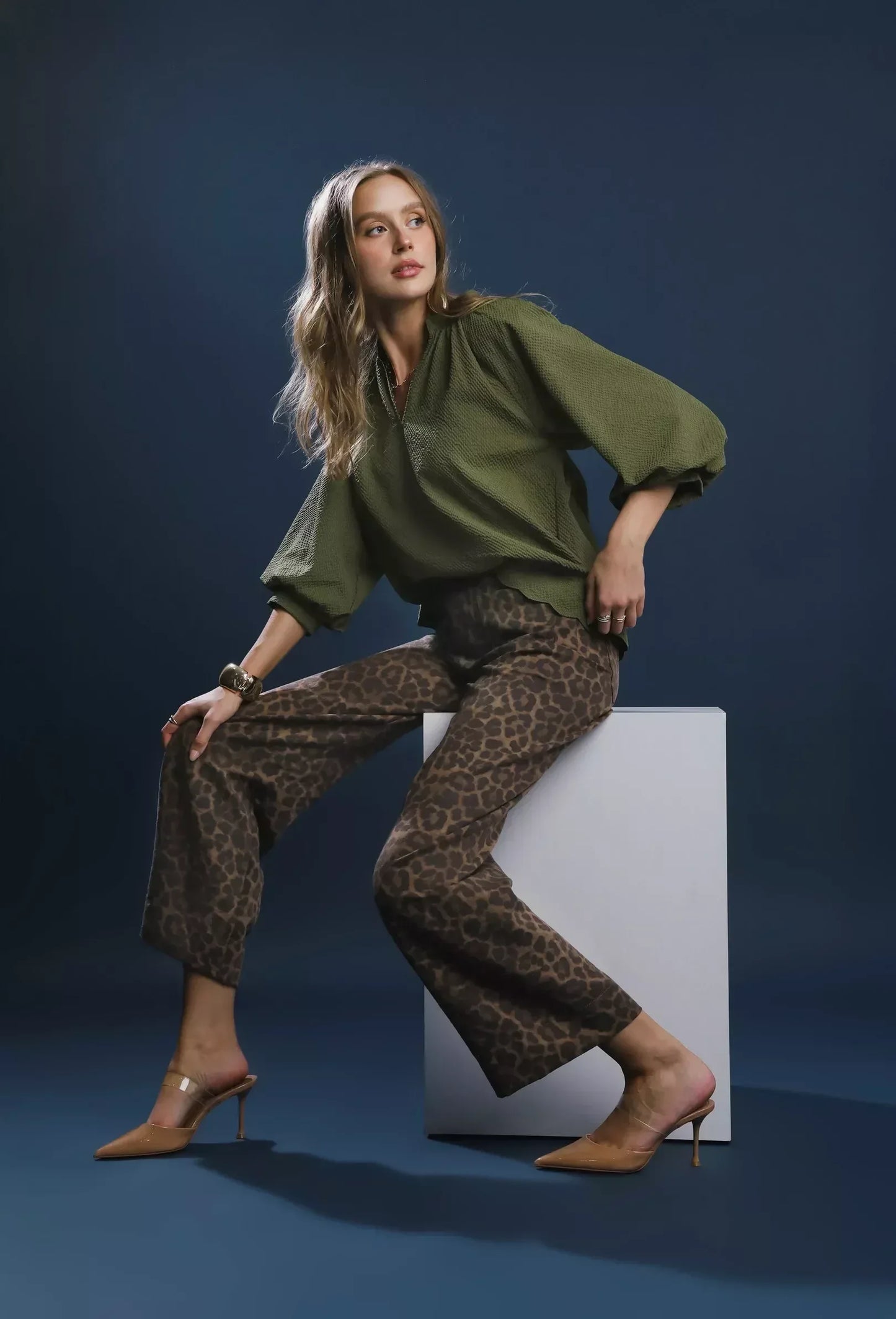 Umgee Full Size Textured Notched Balloon Sleeve Blouse Plus Size - DAVERRI FASHIONS