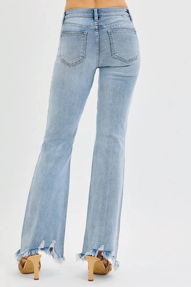 RISEN Full Size Tummy Control Mid Rise Flare Jeans with Fray Hem Detailed Plus Size | Jeans Daverri Fashions