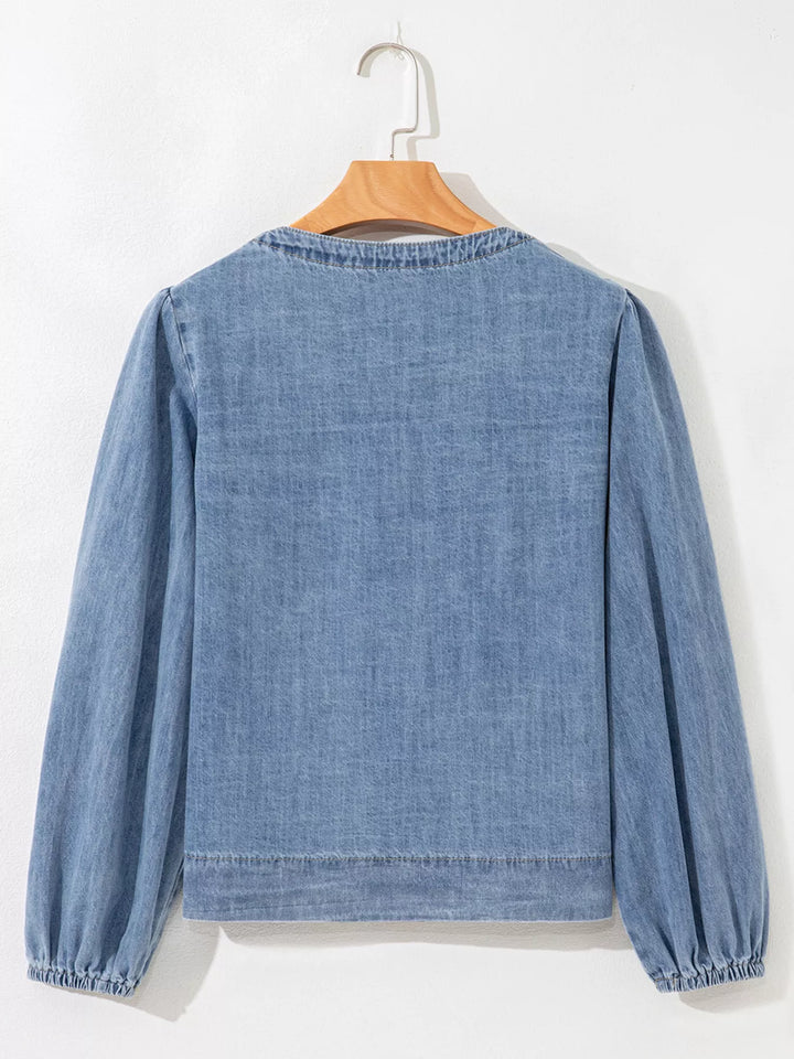 Tied Front Puff Sleeve Denim Top | Tops Daverri Fashions