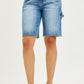 RISEN high-rise Bermuda denim shorts with frayed hem, cargo pockets, side tabs