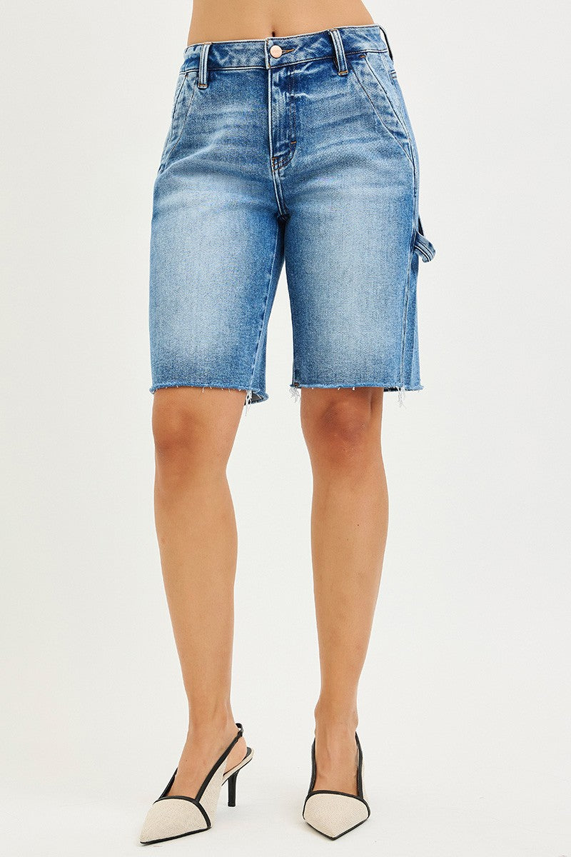 RISEN high-rise Bermuda denim shorts with frayed hem, cargo pockets, side tabs