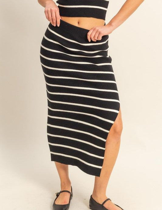 Black HYFVE Side Slit Striped Bodycon Sweater Skirt | Sweaters Daverri Fashions