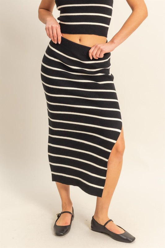 HYFVE Side Slit Striped Bodycon Sweater Skirt Black Skirts