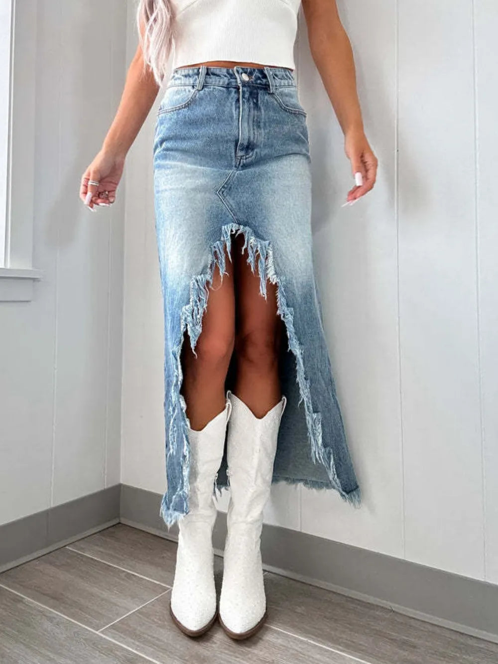 High-Waist Raw Hem Asymmetry Denim Skirt | Skirts Daverri Fashions