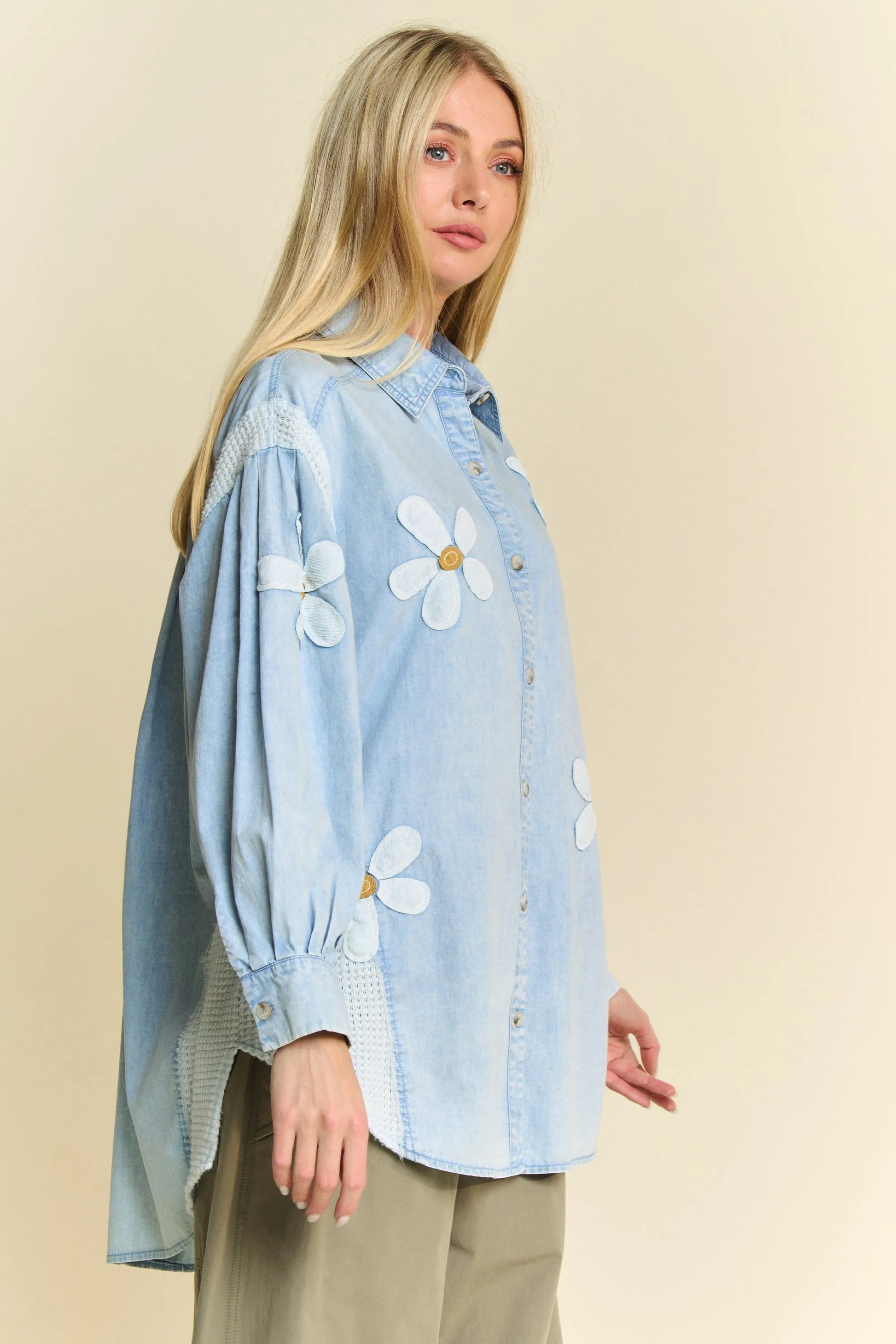Davi & Dani Lightweight Washed Daisy Patch Waffle Knit Shirt Shirts