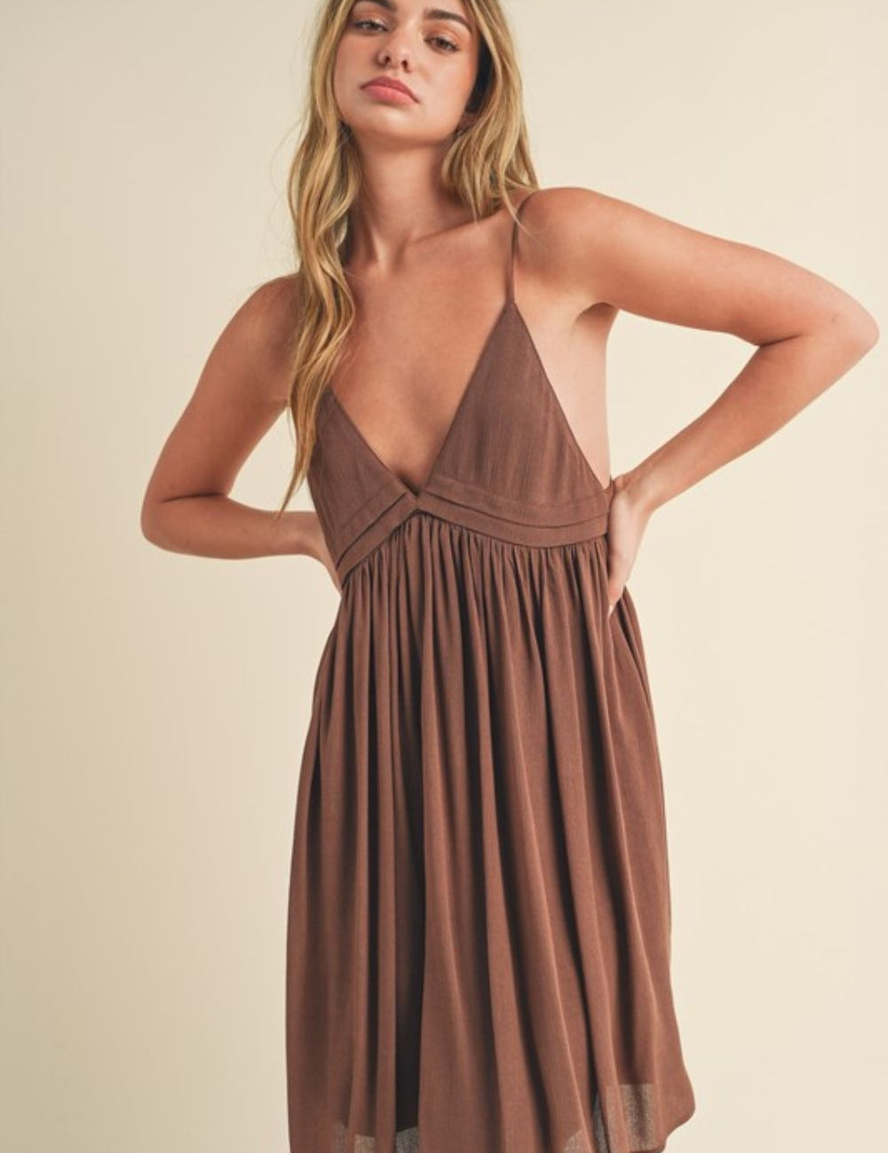 Aemi + Co Ruched Plunge Mini Cami Dress