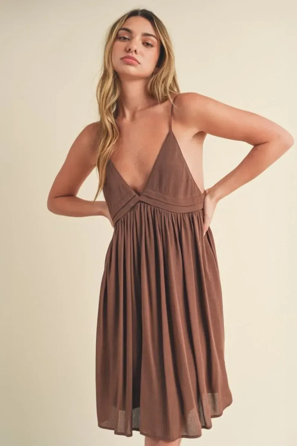 Aemi + Co Ruched Plunge Mini Cami Dress - DAVERRI FASHIONS