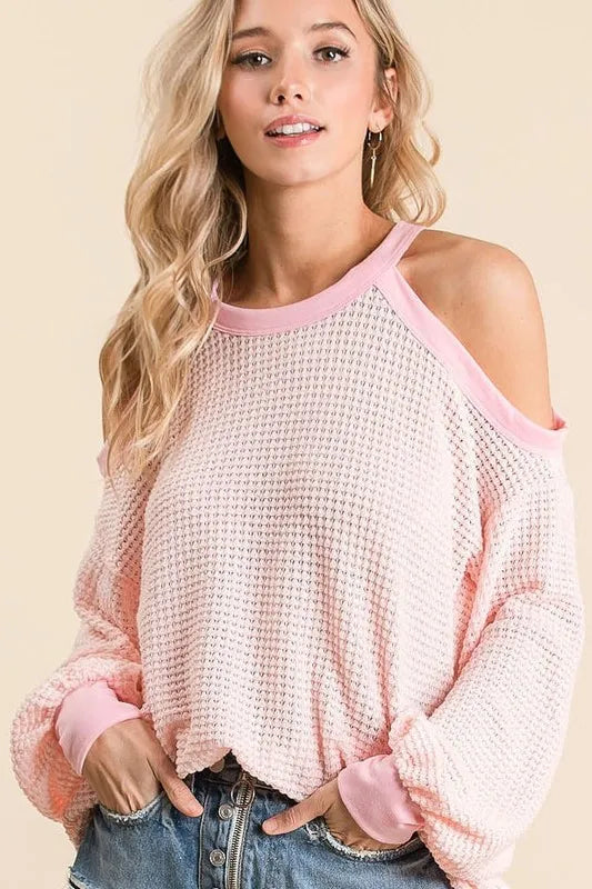 Pink BiBi Popcorn Waffle Top with cold-shoulder detail