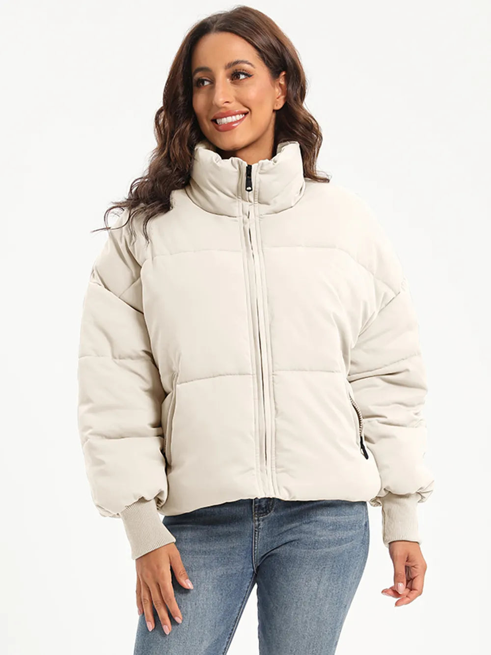Beige zip-up turtleneck puffer jacket with high collar