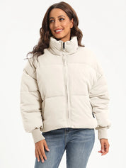 Beige zip-up turtleneck puffer jacket with high collar