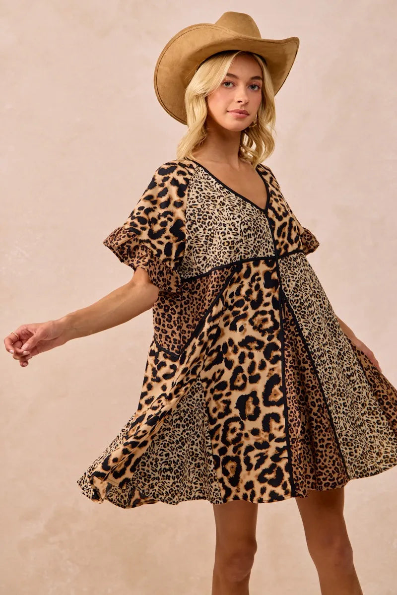 BiBi Leopard Prints Mix and Match Short Sleeves Dress Mini Dresses