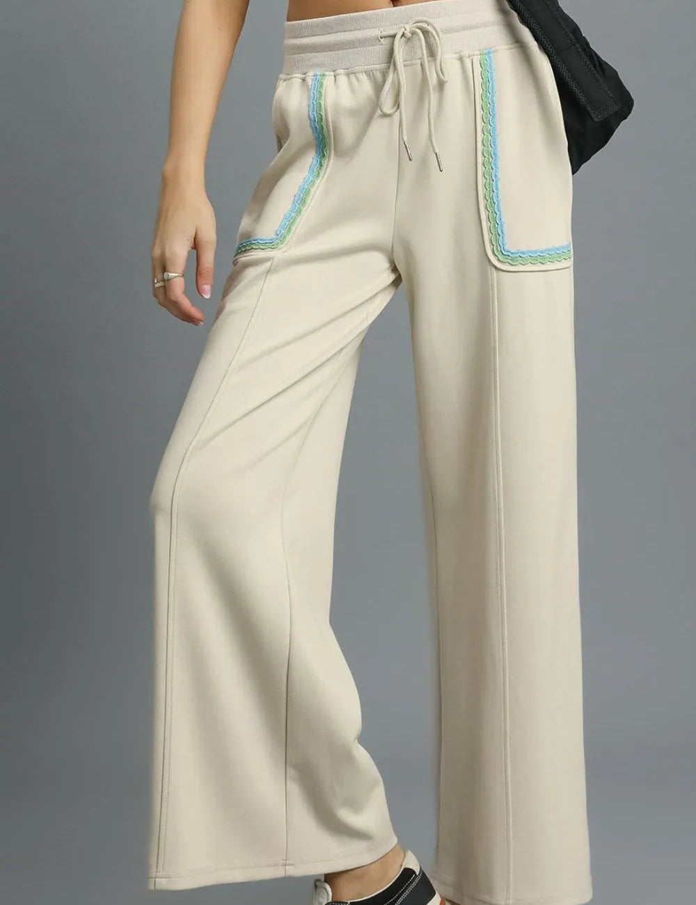 Beige Umgee Drawstring Wide Leg Pants with Scallop Trim Detail | Pants Daverri Fashions