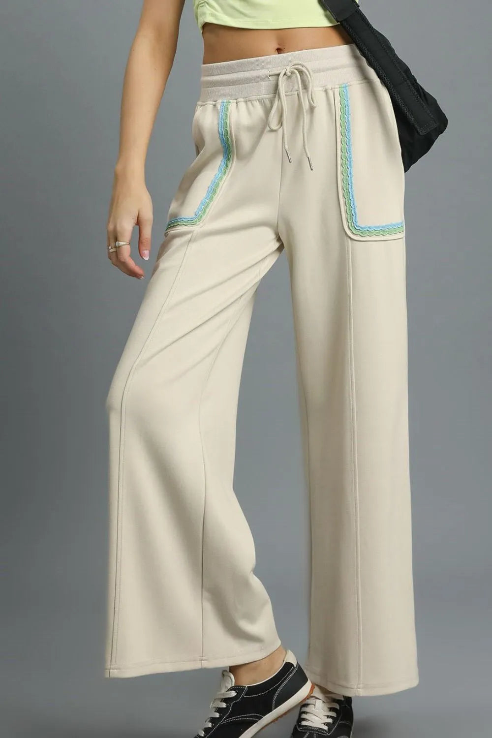 Beige Umgee Drawstring Wide Leg Pants with Scallop Trim Detail | Pants Daverri Fashions