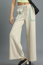 Beige Umgee Drawstring Wide Leg Pants with Scallop Trim Detail | Pants Daverri Fashions