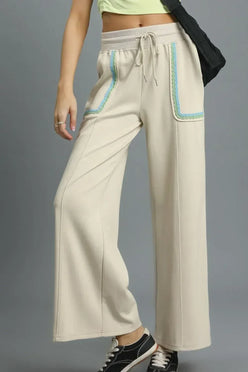 Umgee Drawstring Wide Leg Pants with Scallop Trim Detail - DAVERRI FASHIONS