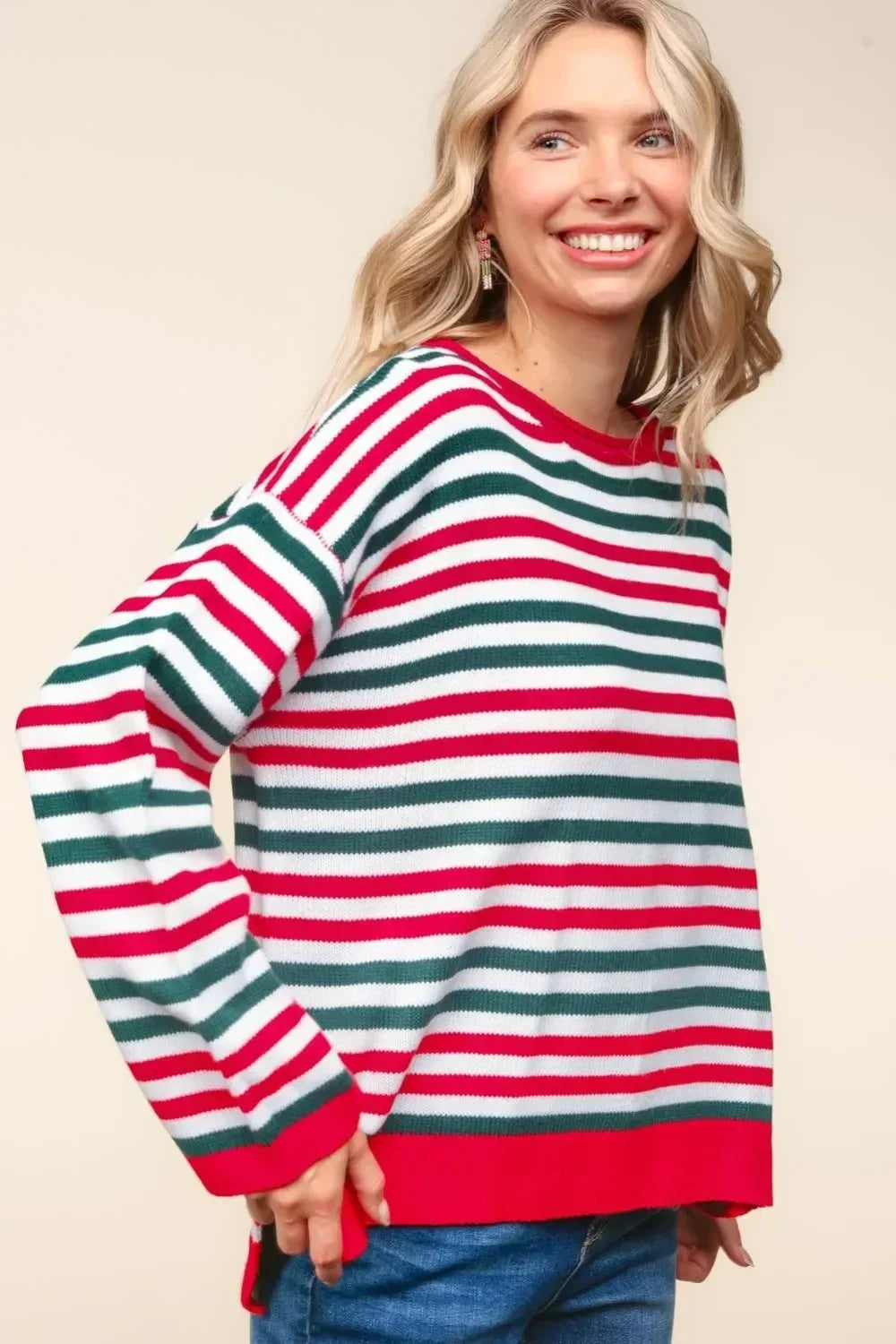 Haptics Full Size Striped Contrast Side Slit Knit Top - DAVERRI FASHIONS